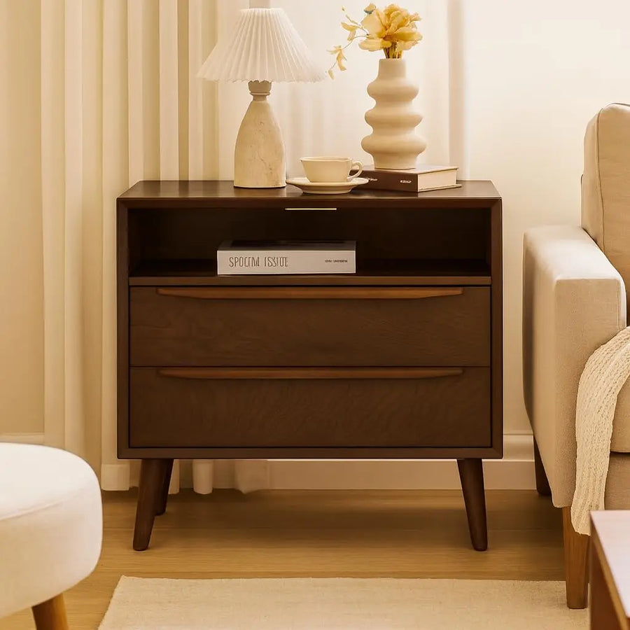 Meridian Collection | Fluted Brass-Accented Walnut Charging Console - showcasing full sculptural form and curated finish in a Mid-Century Modern entryway setting.