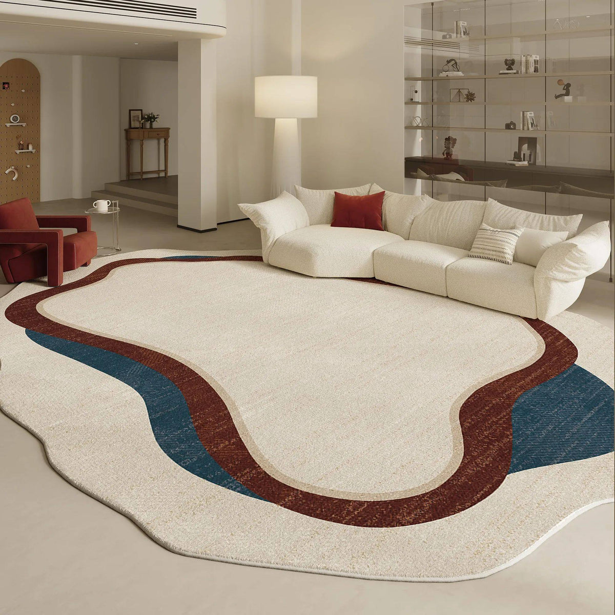Fontaine Collection | Geometric Atomic-Era Irregular-Form Carpet - styled from an alternate angle revealing dimensional depth in a Mid-Century Modern living room setting.