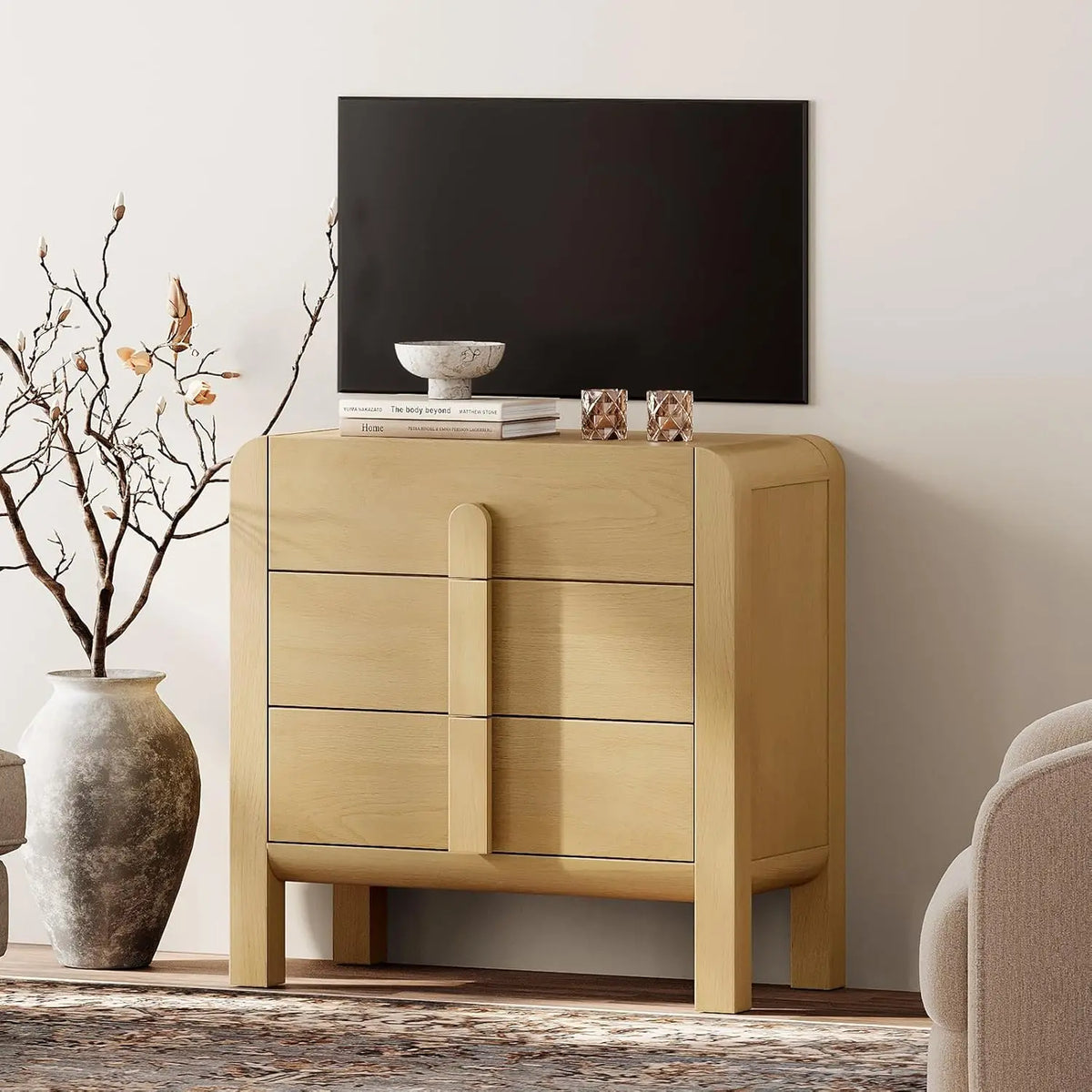 Dresden Collection | Organic-Form Brass-Accented White Oak Dresser - featuring close-up joinery and artisanal finish quality in a Mid-Century Modern bedroom setting.