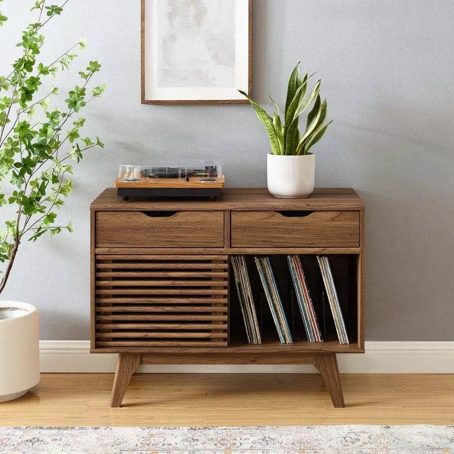 Dresden Collection | Compact Tapered-Leg Walnut Record Console - showcasing full sculptural form and curated finish in a Mid-Century Modern entryway setting.