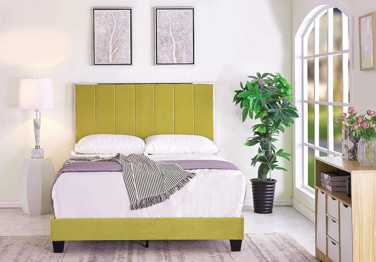 Ronona Mid Century Modern Upholstered Platform Bed, Queen Size, 83.25", Golden Yellow