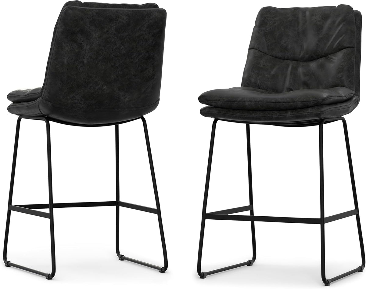 SIMPLIHOME Raya 24" Seat Height Vegan Leather Counter Stool (Set of 2) | Aqua Blue, Mid-Century Counter Stools with Curved Backrest and Footrest; Upholstered Kitchen or Bar Seating.