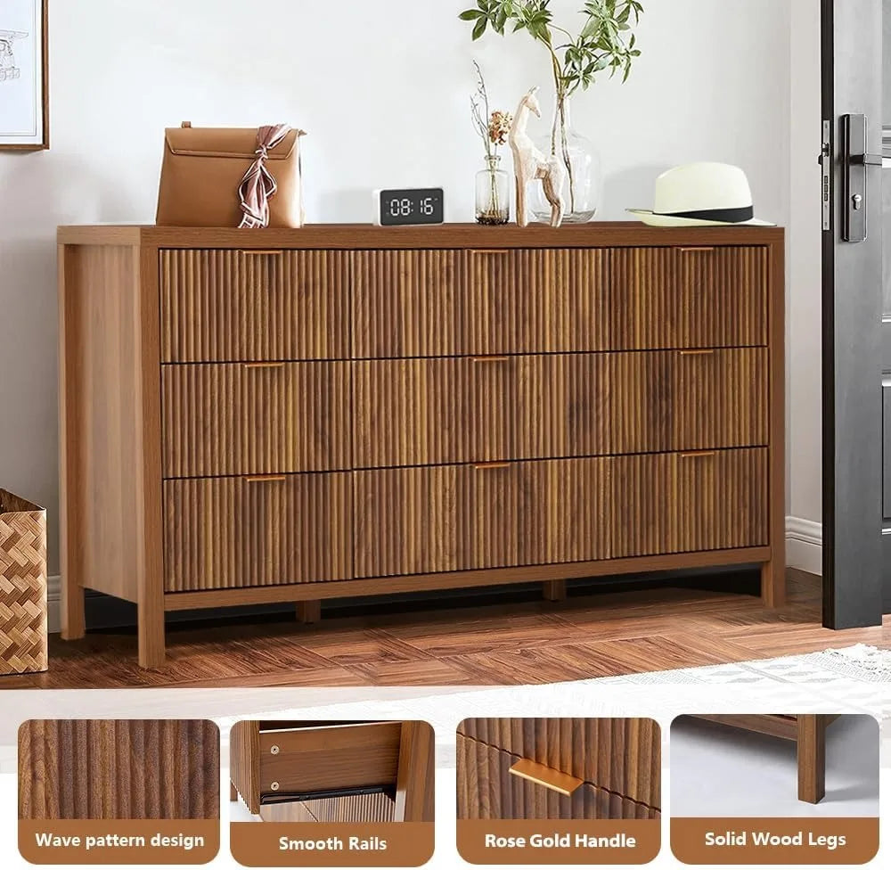 Belmont Collection | Tapered-Leg Atomic-Era Walnut 9-Drawer Dresser - presented at scale within a designed interior in a Mid-Century Modern bedroom setting.