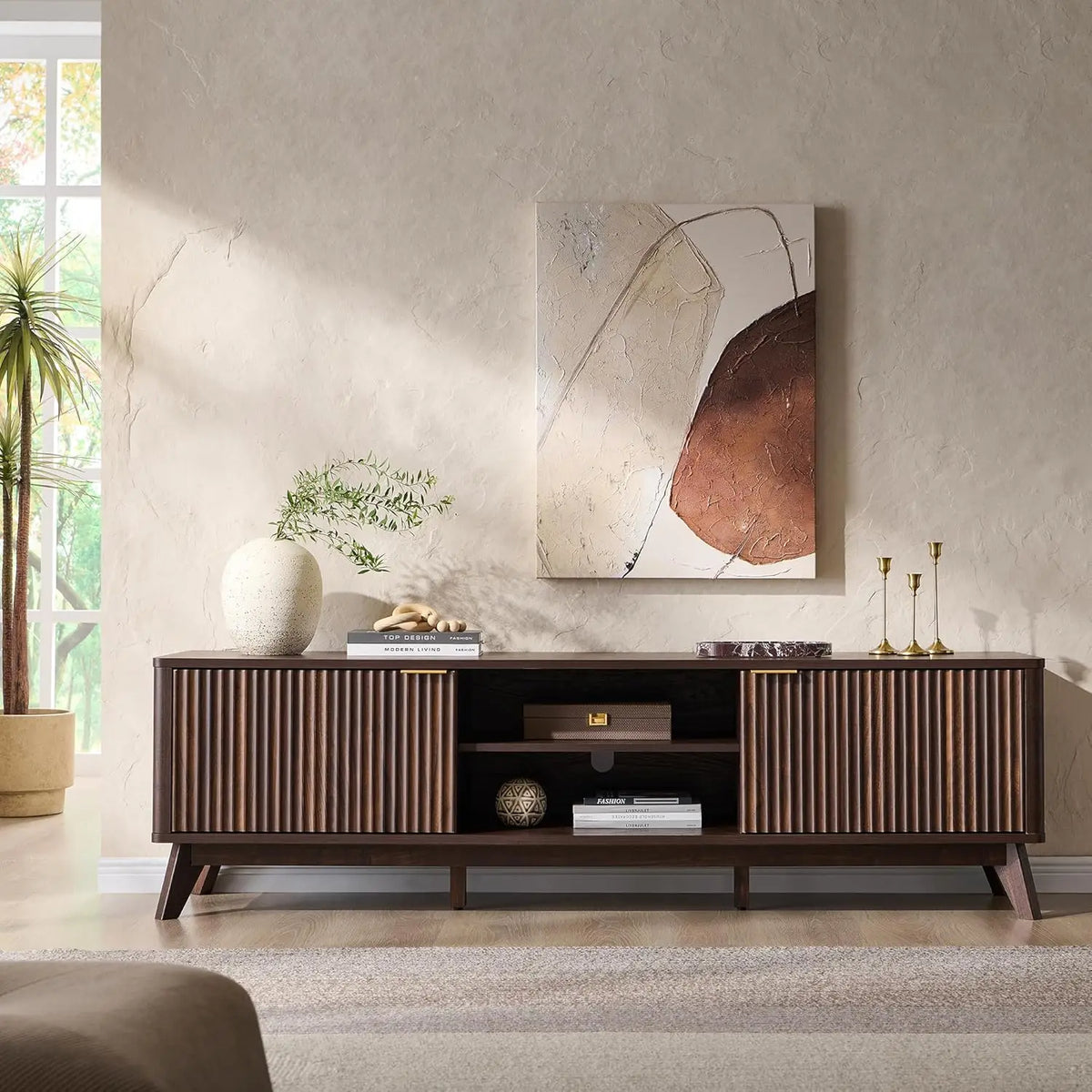 Dresden Collection | Fluted Atomic-Era Fluted Walnut Console - captured in a curated lifestyle vignette in a Mid-Century Modern entryway setting.