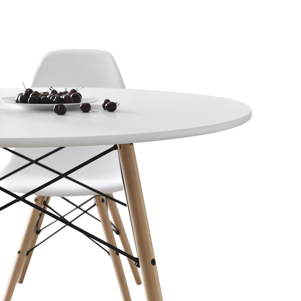 42 Inch round Modern Wood Dining Table, Mid-Century Style, Beech and White