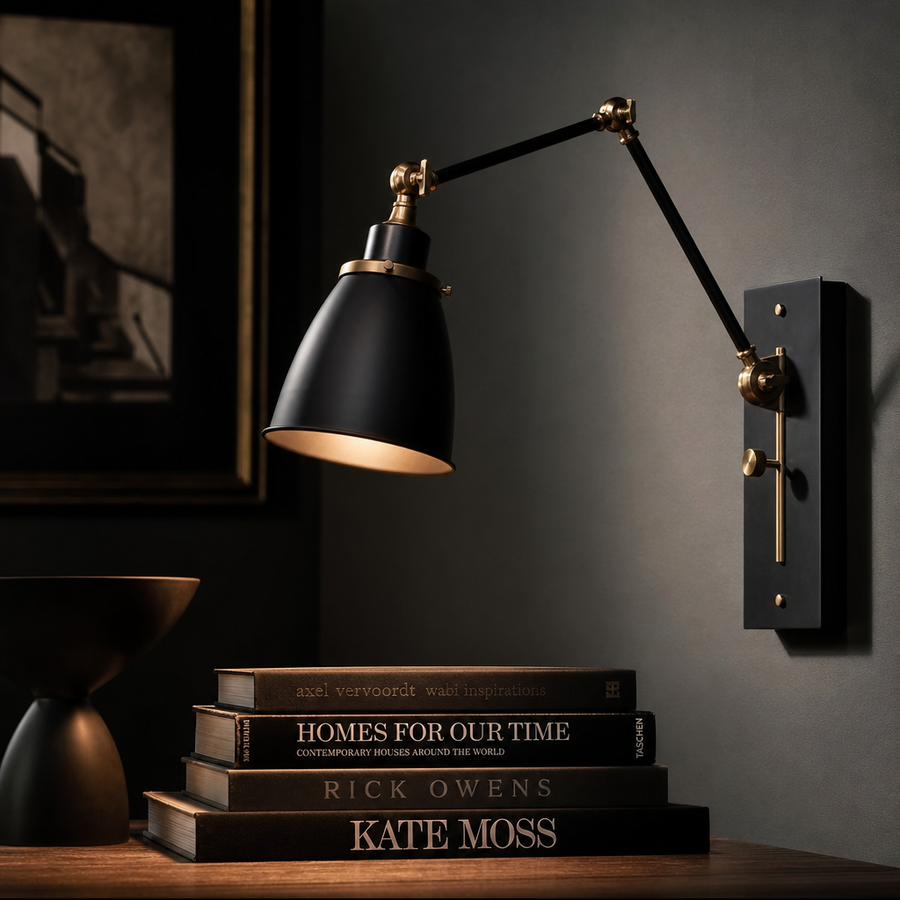 Ellington Collection | Minimalist Brass-Accented Brass Adjustable Sconce - showcasing full sculptural form and material finish in a Mid-Century Modern living room setting.