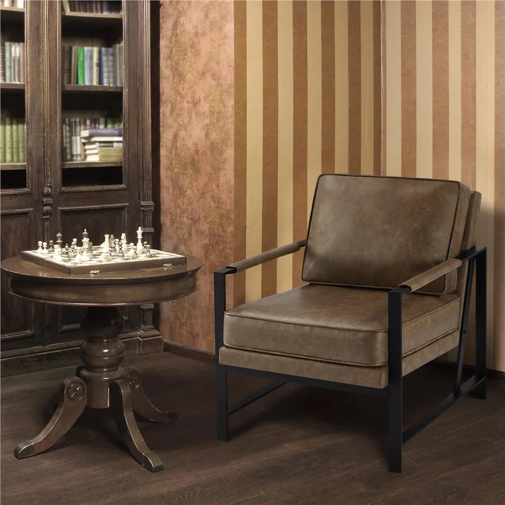 Mid-Century Modern Accent Chair with Metal Frame, Brown Faux Leather