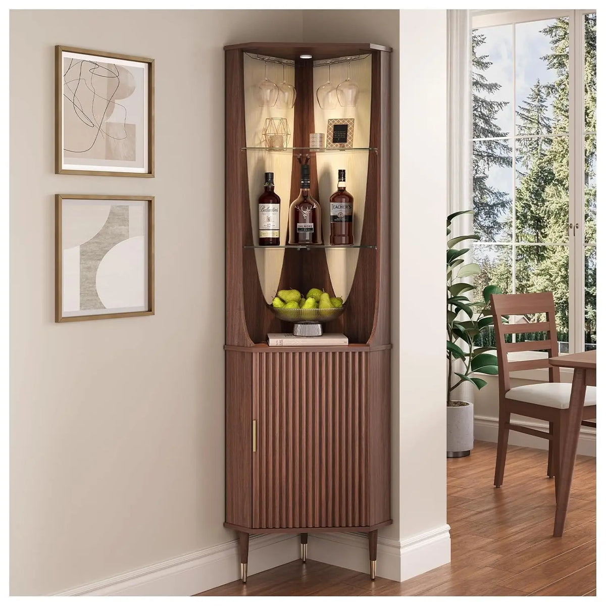 Fontaine Collection | Fluted Glass-Topped Walnut Corner Bar Cabinet - framed in an editorial still-life composition in a Mid-Century Modern dining room setting.