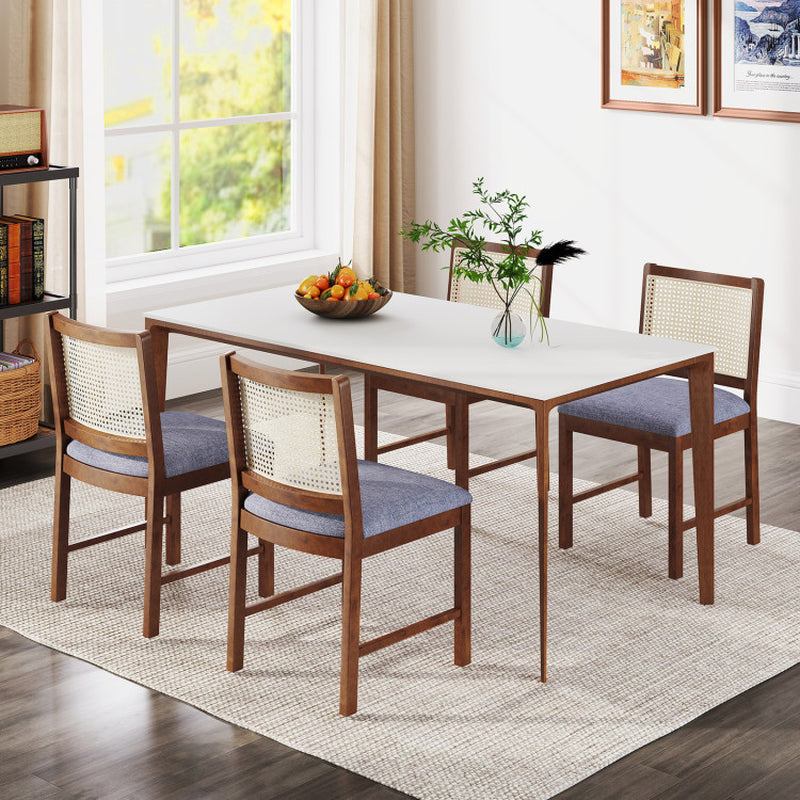 Rattan Dining Chair Set of 2 with Rubber Wood Frame and Linen Fabric Padded Seat