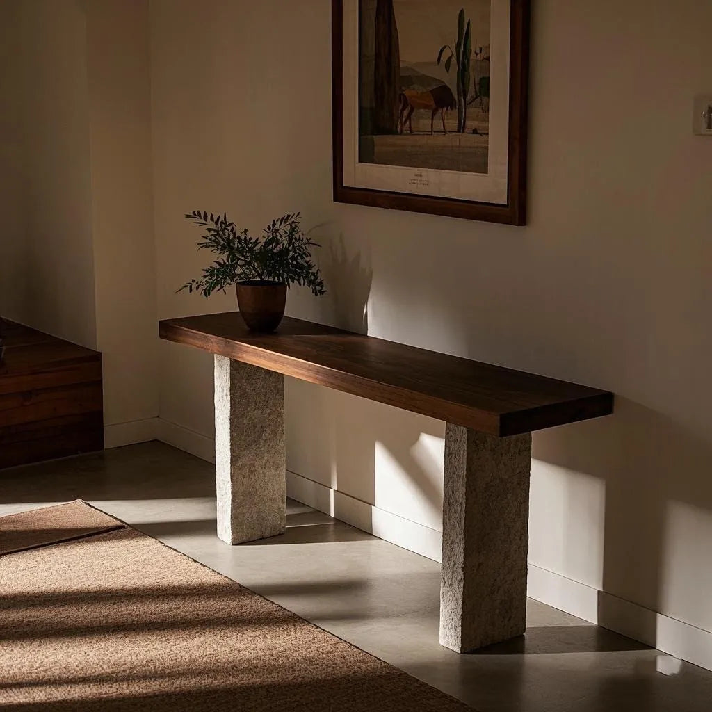 Fontaine Collection | Tapered-Leg Japanese-Inspired Wabi-Sabi Console - demonstrating proportional harmony within the collection in a Mid-Century Modern entryway setting.