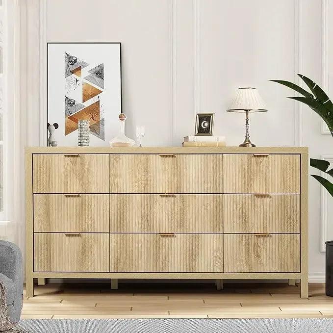 Belmont Collection | Tapered-Leg Brass-Accented Walnut & Brass Dresser - styled from an alternate angle revealing dimensional depth in a Mid-Century Modern bedroom setting.