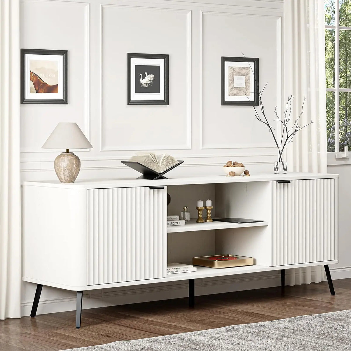 Dresden Collection | Panoramic Fluted Walnut Media Console - showcasing full sculptural form and curated finish in a Mid-Century Modern entryway setting.