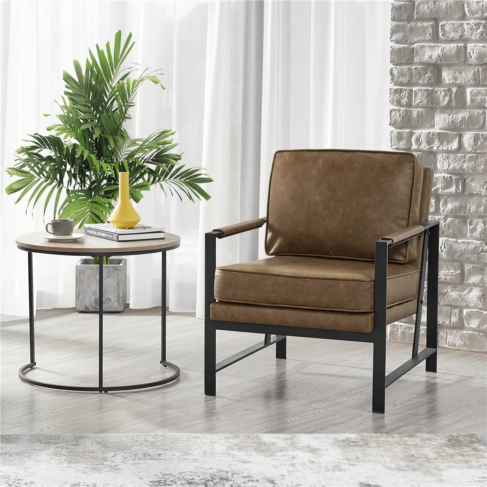 Mid-Century Modern Accent Chair with Metal Frame, Brown Faux Leather