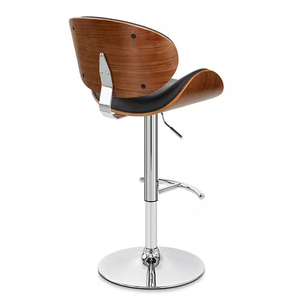 Naples Bar Stool in Chrome with Black Pu Upholstery and Walnut Veneer Back