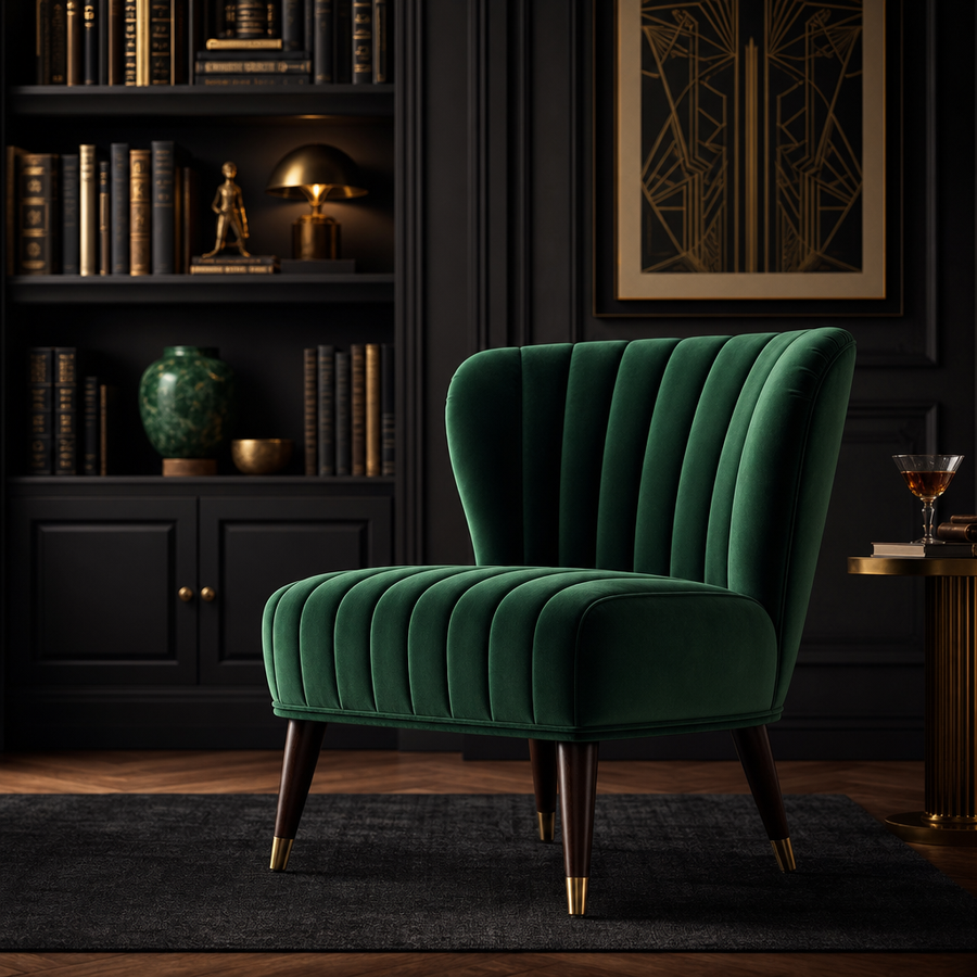 Dresden Collection | Sculptural Velvet-Cushioned Velvet Channel-Tufted Side Chair - showcasing full sculptural form and material finish in a Mid-Century Modern living room setting.