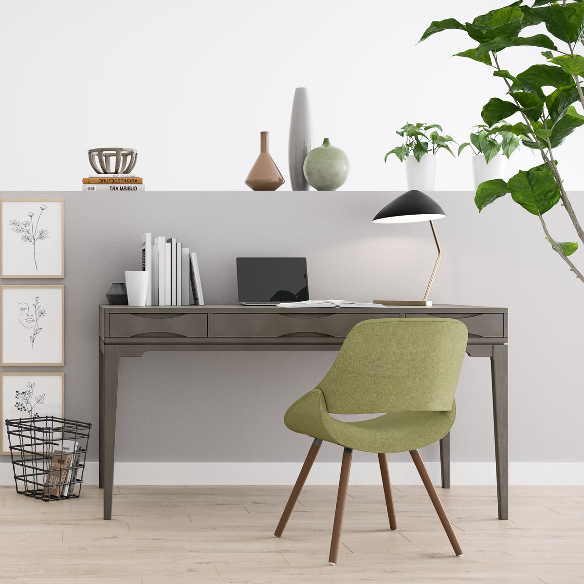 Harper 60 Inch Wide Solid Wood Mid Century Modern Desk in Farmhouse Grey