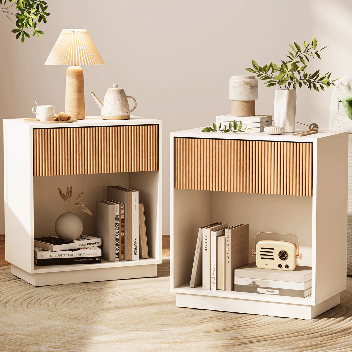 Belmont Collection | Fluted Brass-Accented Fluted Walnut Nightstand Set - showcasing full sculptural form and curated finish in a Mid-Century Modern bedroom setting.