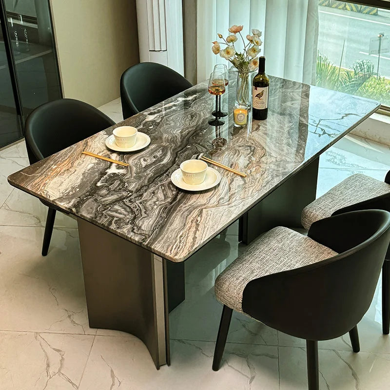Belmont Collection | Geometric Marble-Topped Carrara Marble Dining Table - showcasing full sculptural form and curated finish in a Mid-Century Modern dining room setting.