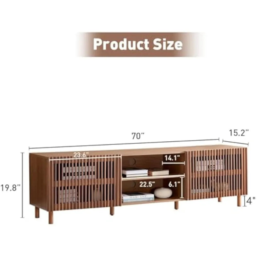 Dresden Collection | Grand Slatted Walnut Media Console - captured in a curated lifestyle vignette in a Mid-Century Modern entryway setting.