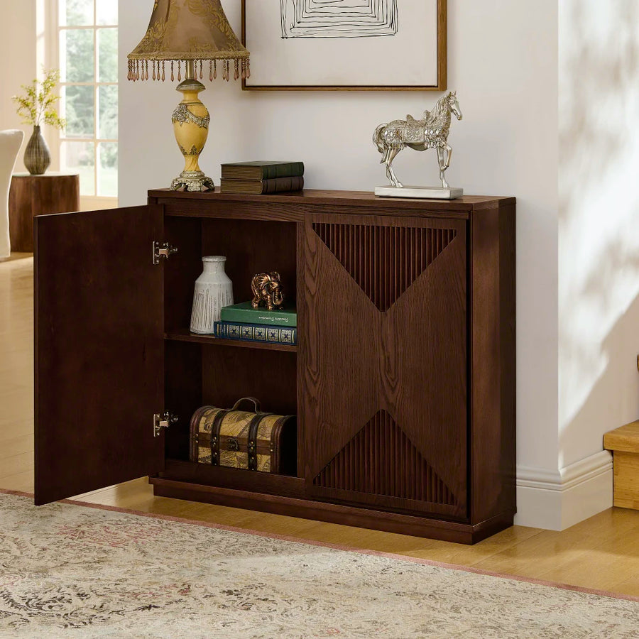 Fontaine Collection | Tapered-Leg Atomic-Era Walnut V-Shape Storage Cabinet - showcasing full sculptural form and curated finish in a Mid-Century Modern living room setting.