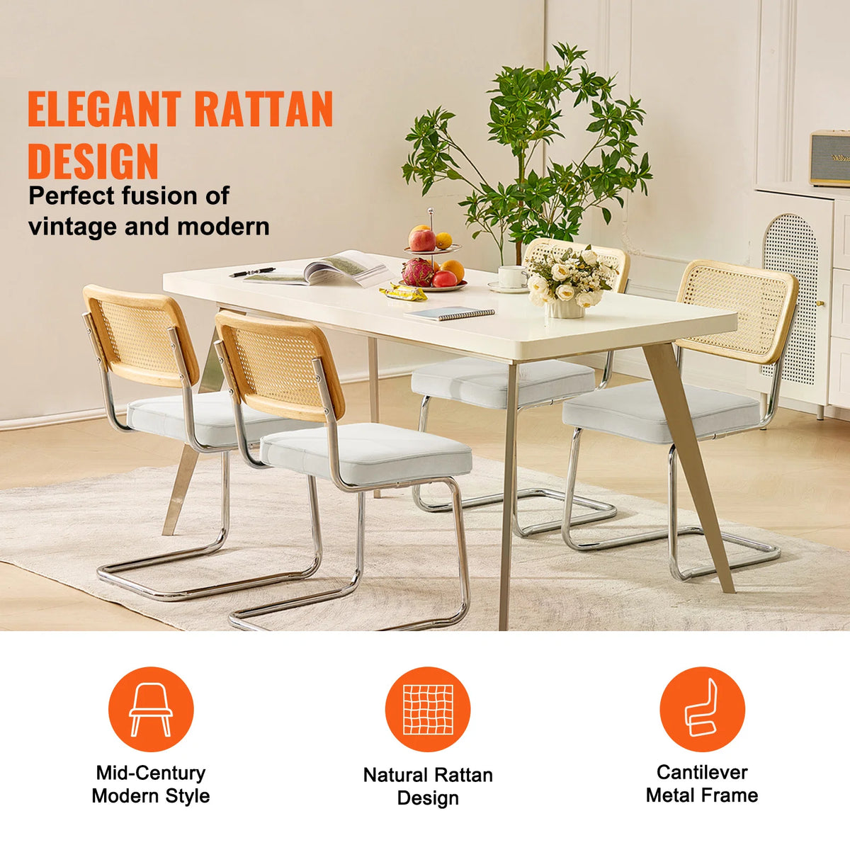 Elevate Your Space with Our Set of 4 Mid Century Modern Rattan Dining Chairs! 🌟 Upholstered Velvet & Retro Style Perfect for Any Room! 🪑✨