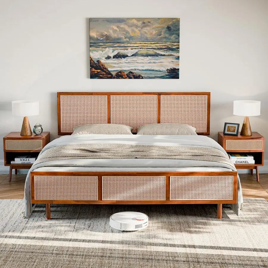 Belmont Collection | Geometric Nordic Acacia King Bed Frame - showcasing full sculptural form and curated finish in a Mid-Century Modern bedroom setting.