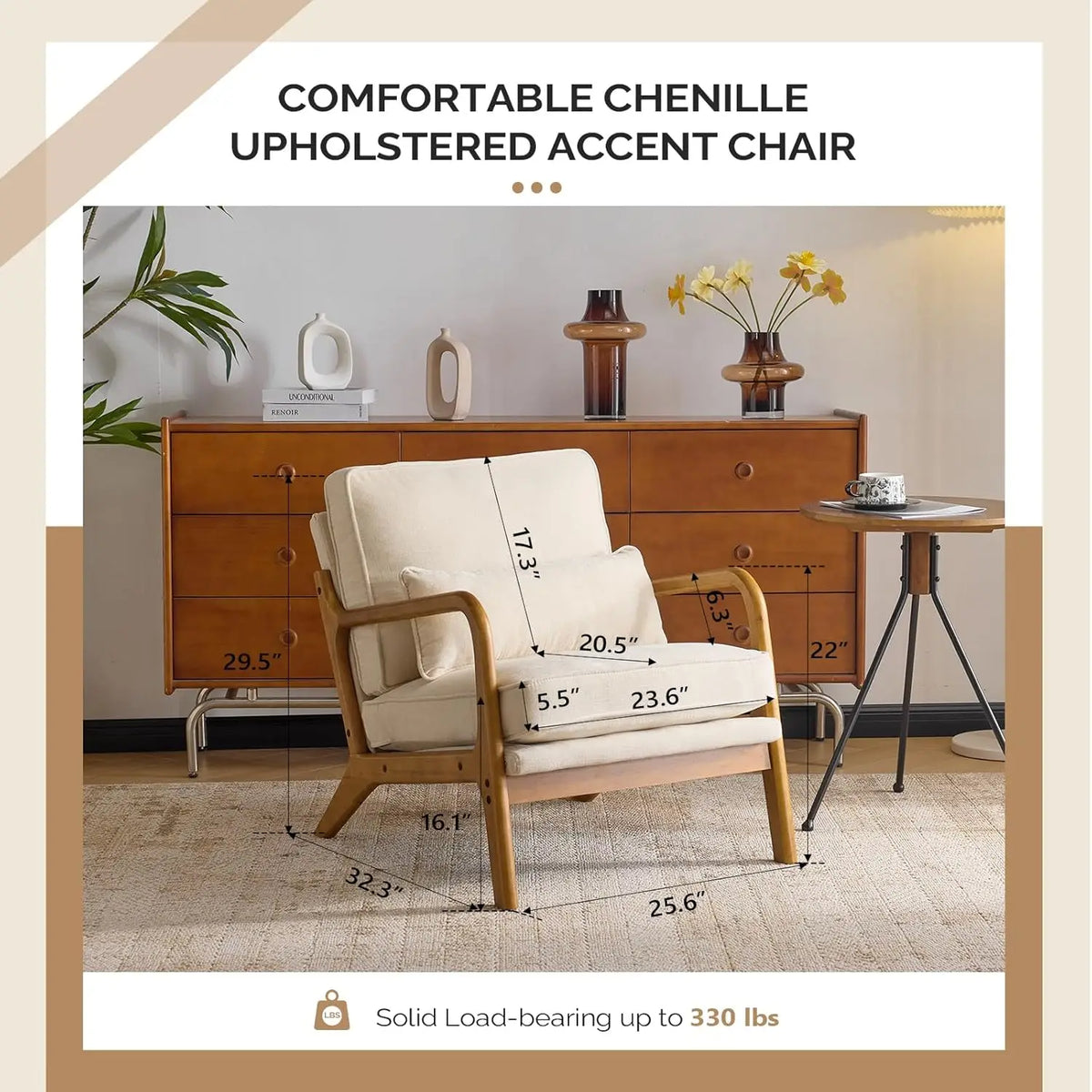 Valencia Collection | Sculptural Desert-Modern Chenille Accent Chair - featuring close-up joinery and artisanal finish quality in a Mid-Century Modern living room setting.