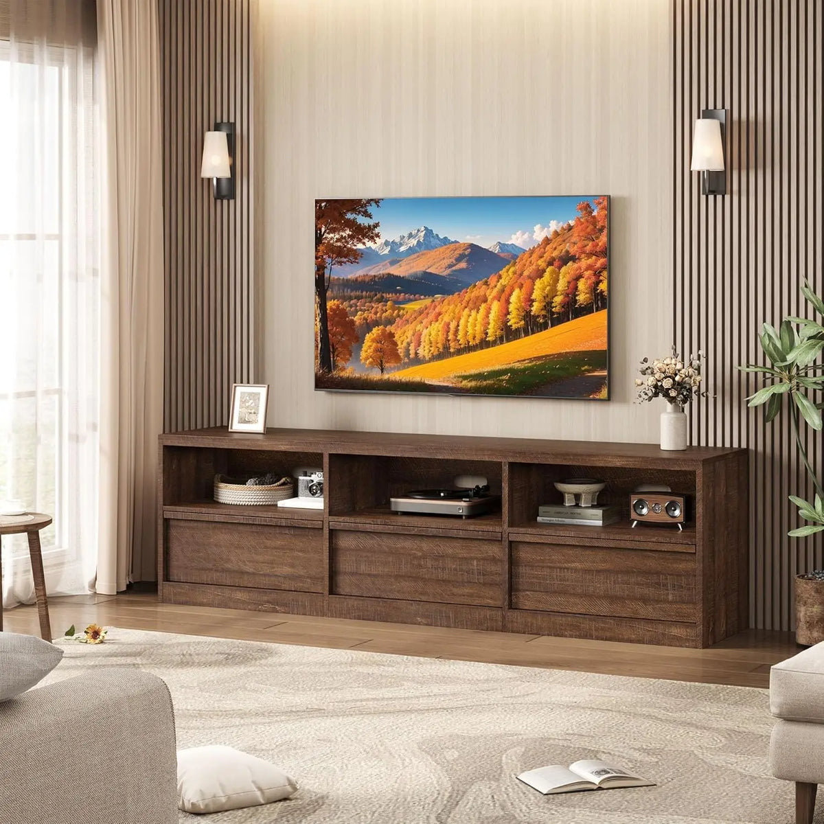 Dresden Collection | Tapered-Leg Brass-Accented Walnut Media Console - captured in a curated lifestyle vignette in a Mid-Century Modern entryway setting.