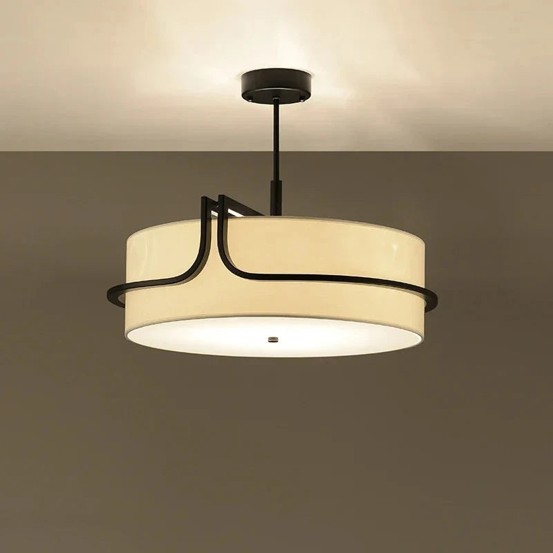 Dresden Collection | Geometric Round Fabric Chandelier - styled from an alternate angle revealing dimensional depth in a Mid-Century Modern living room setting.