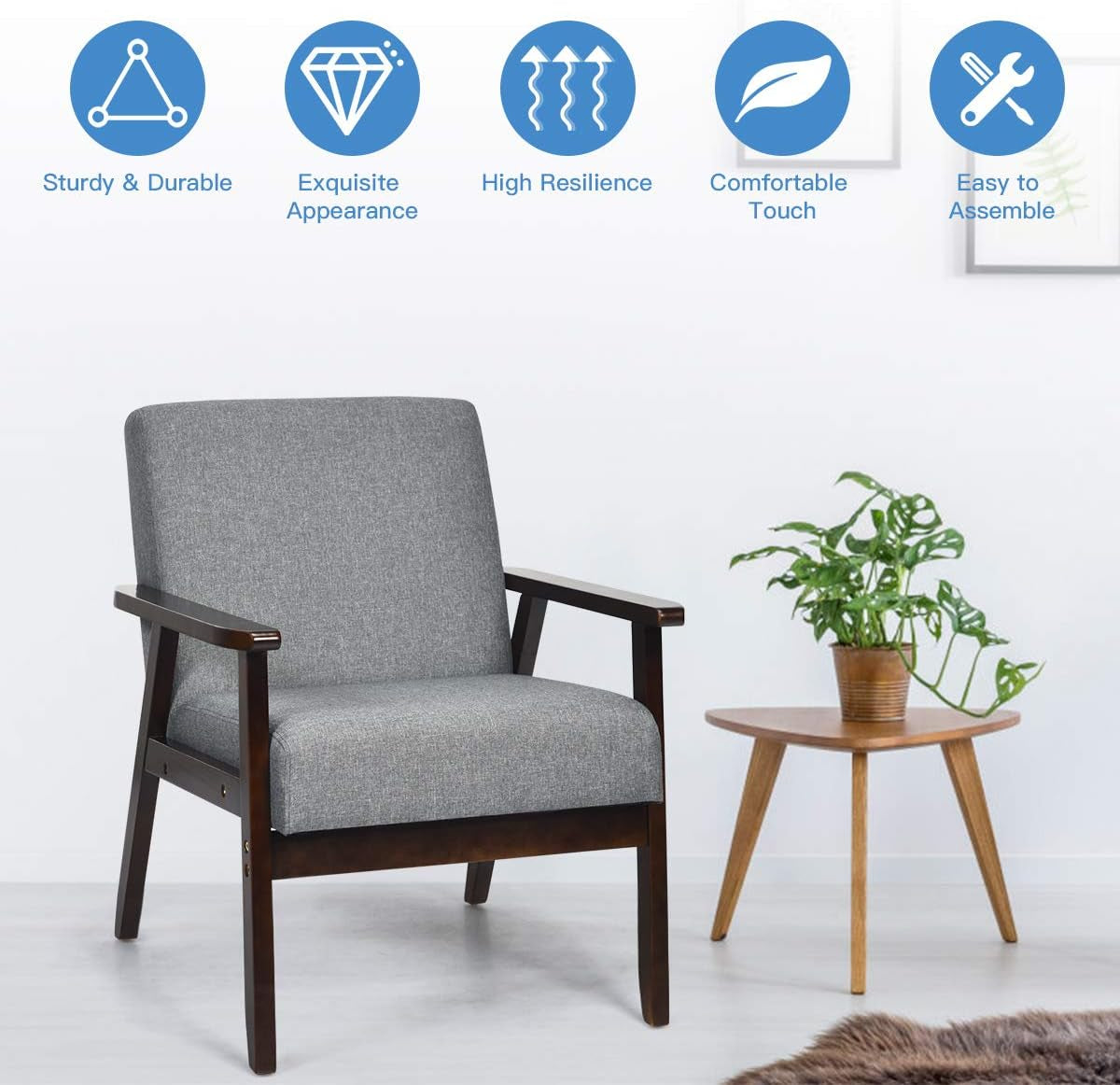 GIANTEX Mid-Century Modern Accent Chair, Retro Fabric Armchair, Solid Hardwood Made, Upholstered Linen Lounge Arm Chair for Living Room (1, Dark Grey)