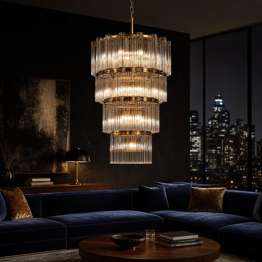 Belmont Collection | Geometric Glass-Topped Smoked Glass & Brass Chandelier - showcasing full sculptural form and curated finish in a Mid-Century Modern living room setting.