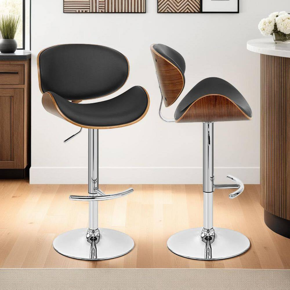 Naples Bar Stool in Chrome with Black Pu Upholstery and Walnut Veneer Back