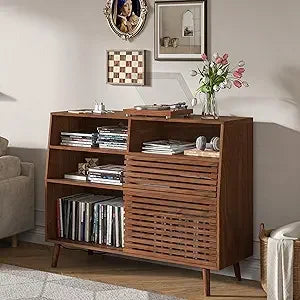 Ellington Collection | Geometric Danish-Inspired Walnut Record Console - framed in an editorial still-life composition in a Mid-Century Modern entryway setting.