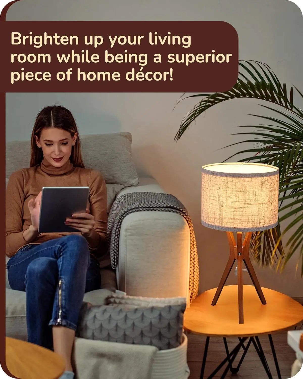 Astoria Collection | Sculptural Brass-Accented Walnut Tripod Lamp - featuring close-up joinery and artisanal finish quality in a Mid-Century Modern living room setting.