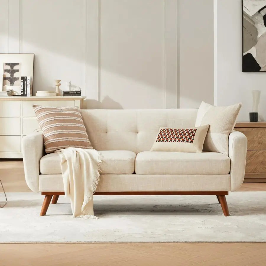 Dresden Collection | Tapered-Leg Leather-Wrapped Walnut Loveseat - featuring close-up joinery and artisanal finish quality in a Mid-Century Modern living room setting.