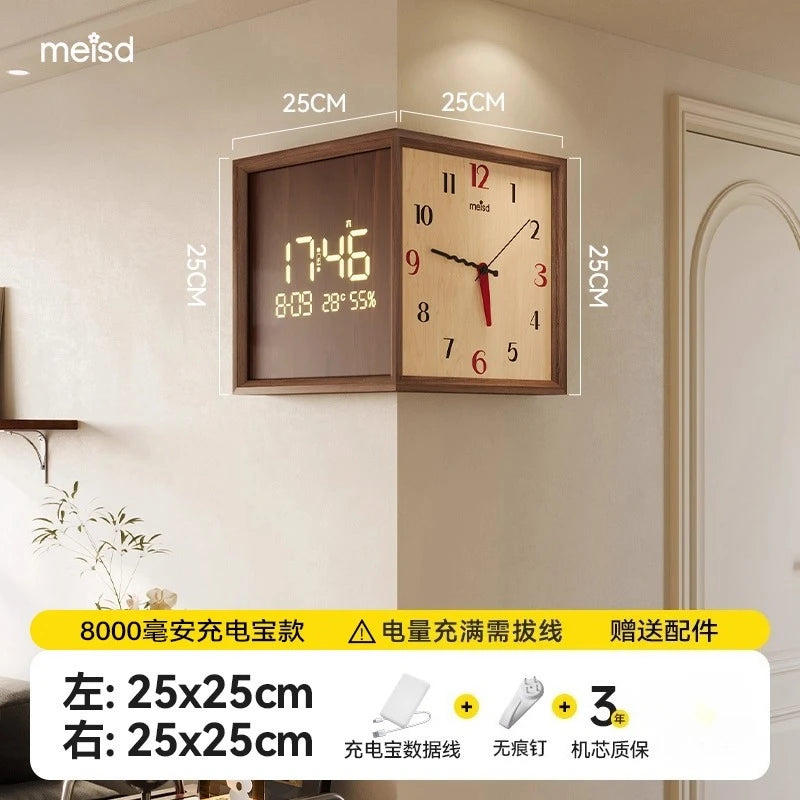 Dresden Collection | Geometric Atomic-Era Walnut Digital Clock - revealing tonal warmth and surface patina under ambient light in a Mid-Century Modern living room setting.