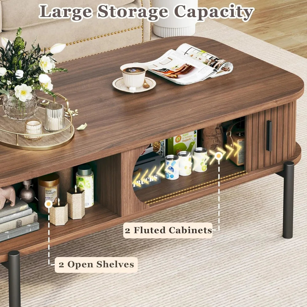Fontaine Collection | Fluted Atomic-Era Fluted Walnut Coffee Table - captured in a curated lifestyle vignette in a Mid-Century Modern living room setting.