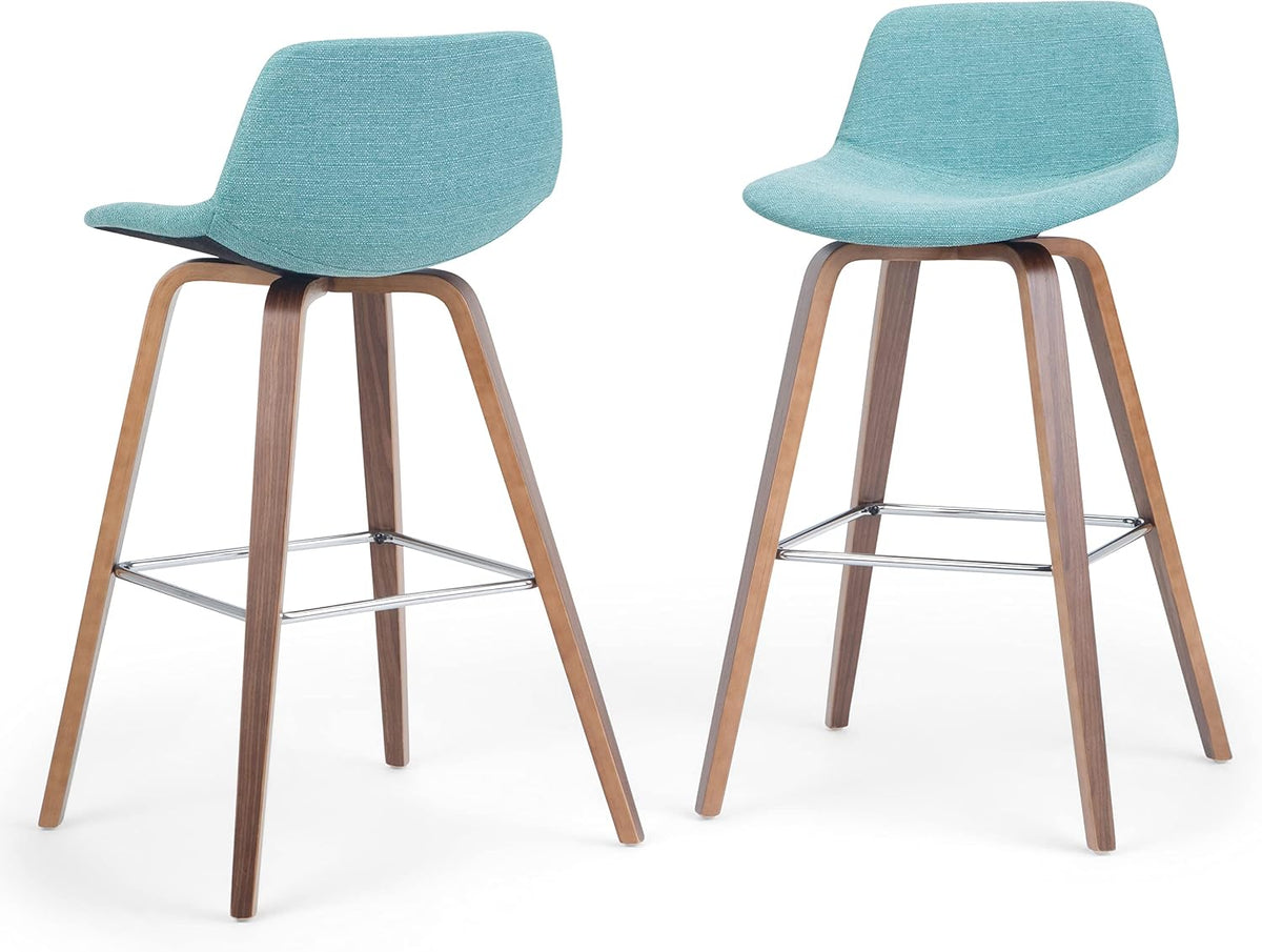 SIMPLIHOME Raya 24" Seat Height Vegan Leather Counter Stool (Set of 2) | Aqua Blue, Mid-Century Counter Stools with Curved Backrest and Footrest; Upholstered Kitchen or Bar Seating.
