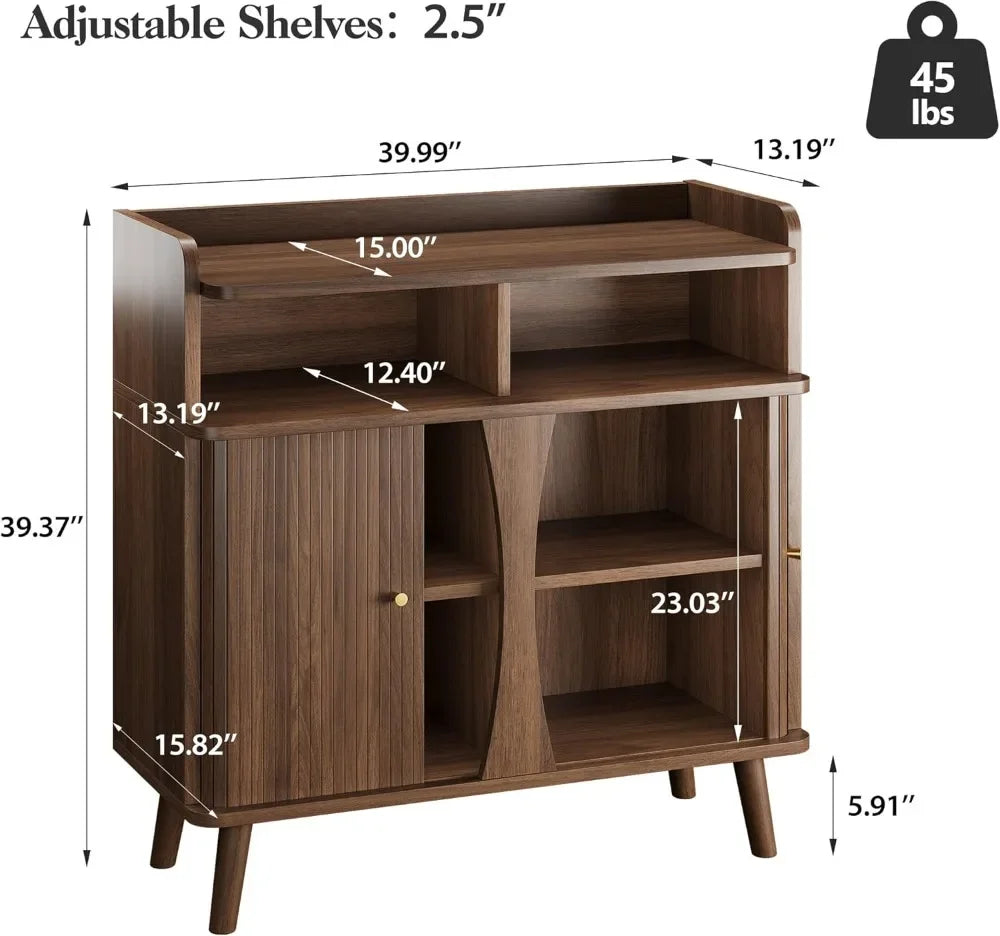 Belmont Collection | Tapered-Leg Brass-Accented Walnut Buffet - highlighting material texture and craftsmanship detail in a Mid-Century Modern living room setting.