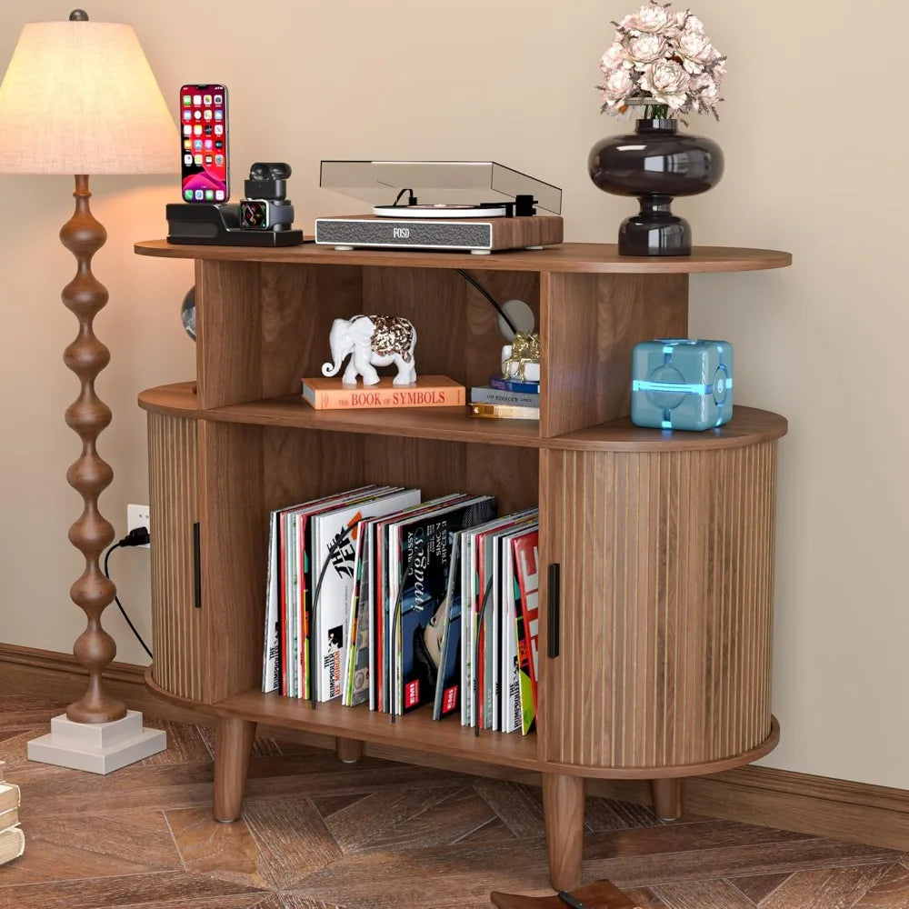 Dresden Collection | Brass-Accented Atomic-Era Walnut Record Console - captured in a curated lifestyle vignette in a Mid-Century Modern entryway setting.