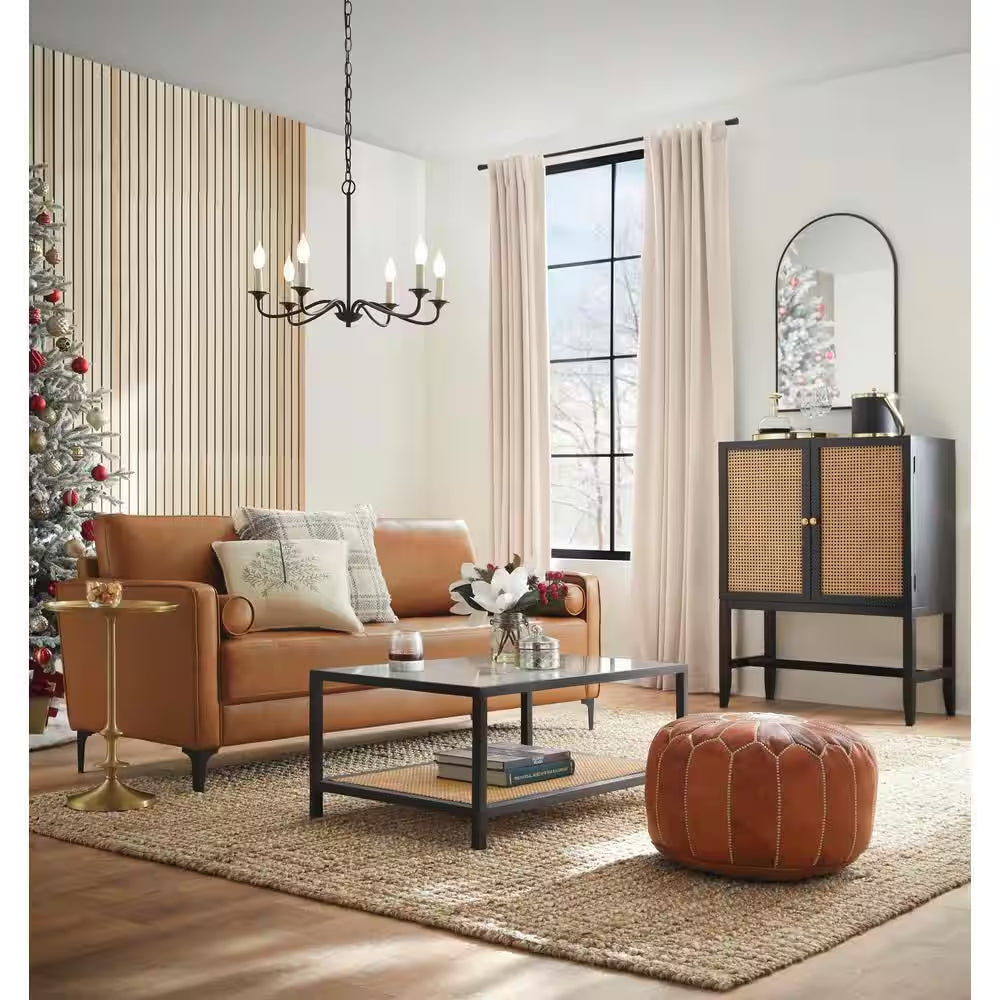 Goodwin 75.6 In. Square Arm Faux Leather Mid-Century Modern Sofa with Bolster Pillows in Caramel Brown