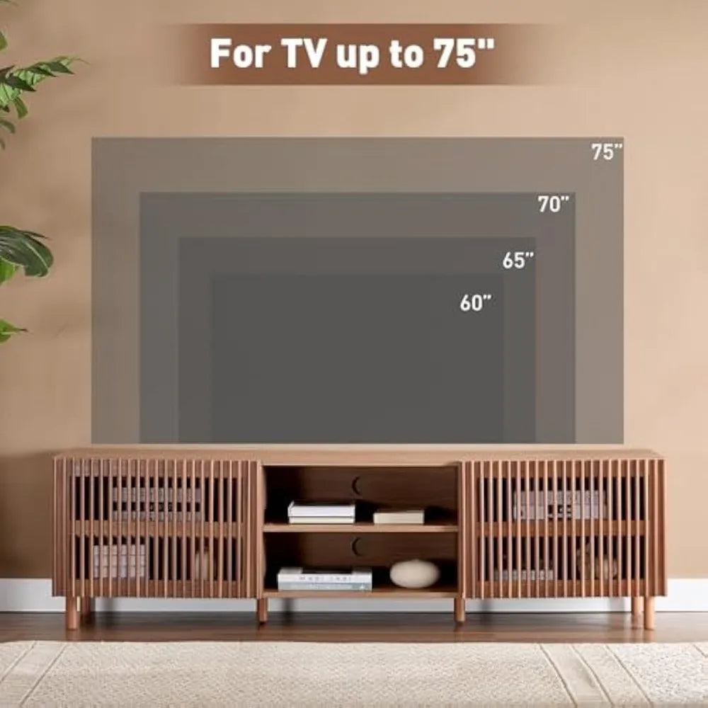 Dresden Collection | Grand Slatted Walnut Media Console - presented at scale within a designed interior in a Mid-Century Modern entryway setting.