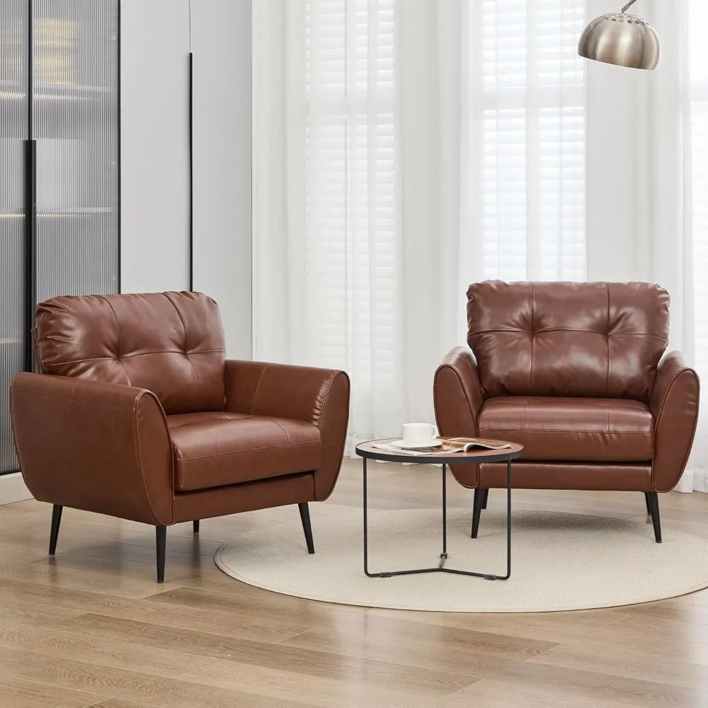 Ellington Collection | Geometric Leather-Wrapped Rich Cognac Leather Accent Chairs - featuring close-up joinery and artisanal finish quality in a Mid-Century Modern living room setting.