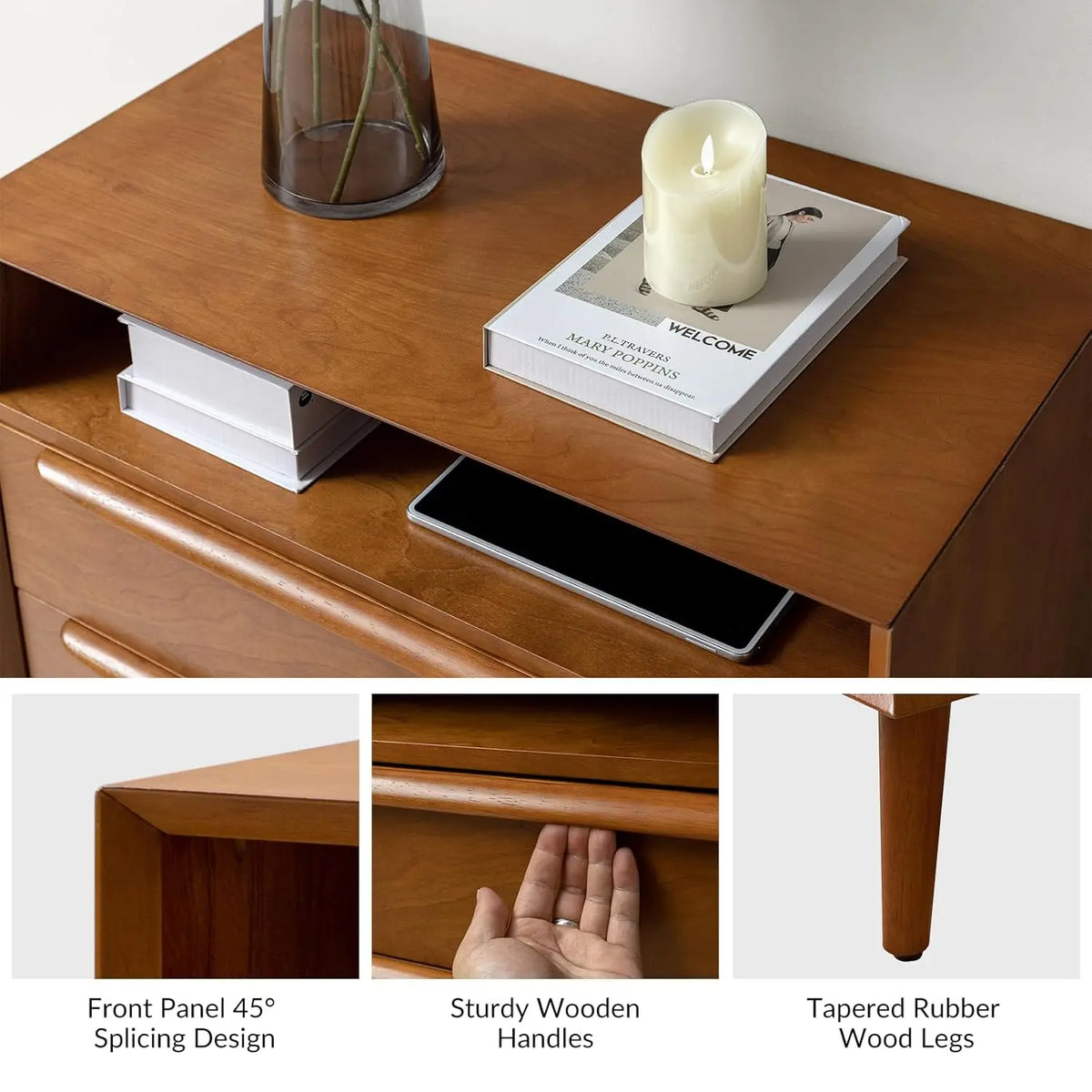 Meridian Collection | Fluted Brass-Accented Walnut Charging Console - presented at scale within a designed interior in a Mid-Century Modern entryway setting.