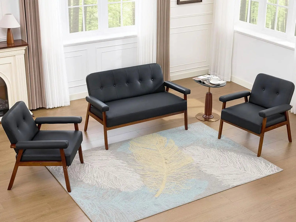 Ellington Collection | Tapered-Leg Leather-Wrapped Obsidian Leather Love Seat Set - showcasing full sculptural form and curated finish in a Mid-Century Modern living room setting.