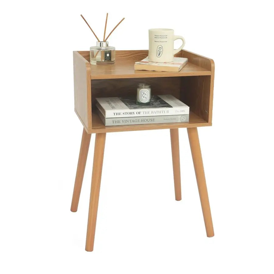 Fontaine Collection | Tapered-Leg Brass-Accented Walnut Nightstand - highlighting material texture and craftsmanship detail in a Mid-Century Modern bedroom setting.