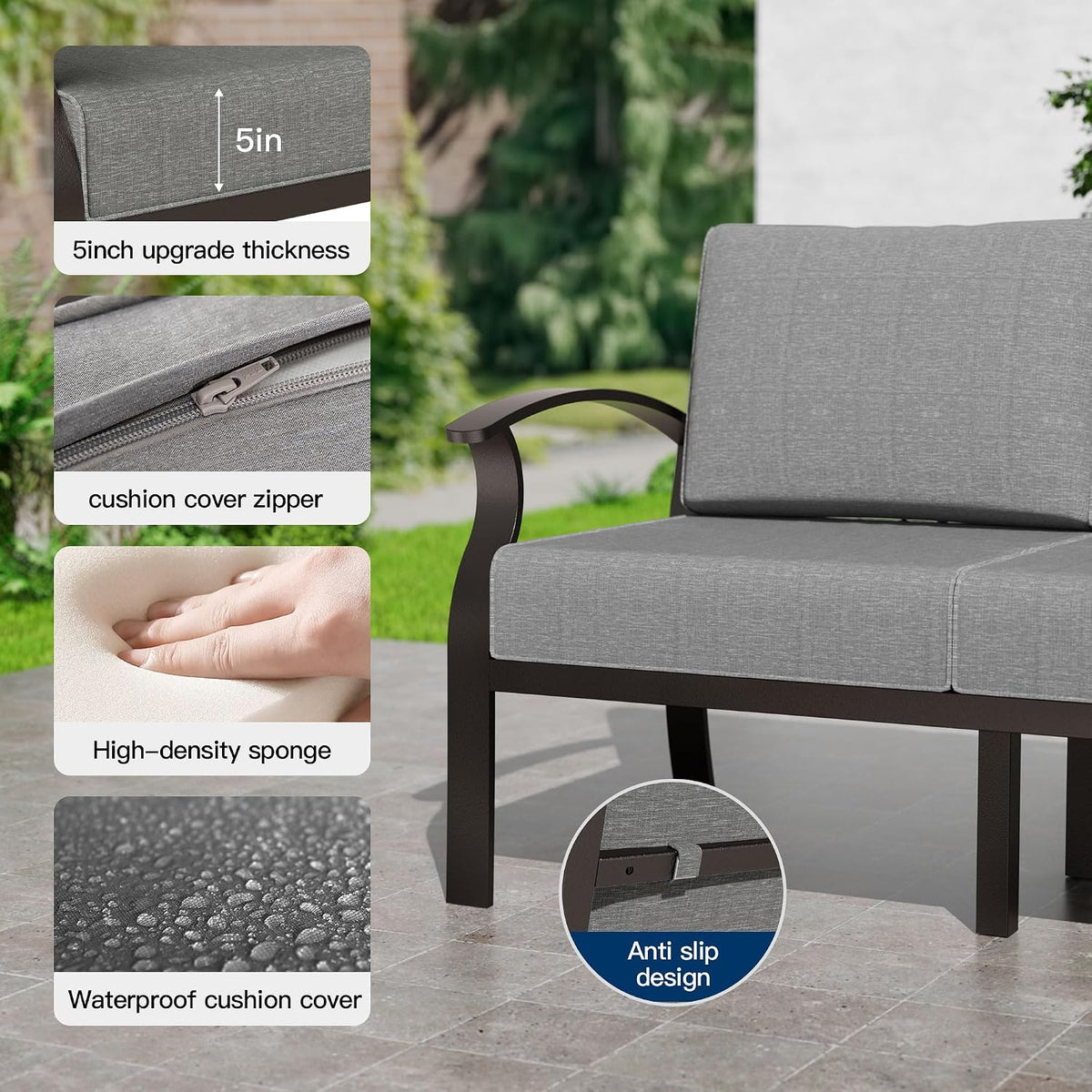 Aluminum Patio Furniture Set,7 Piece Modern Metal Outdoor Patio Furniture W/5.1'' Thick Cushion and Swivel Chairs,Patio Conversation Sets for Porch,Deck,Grey