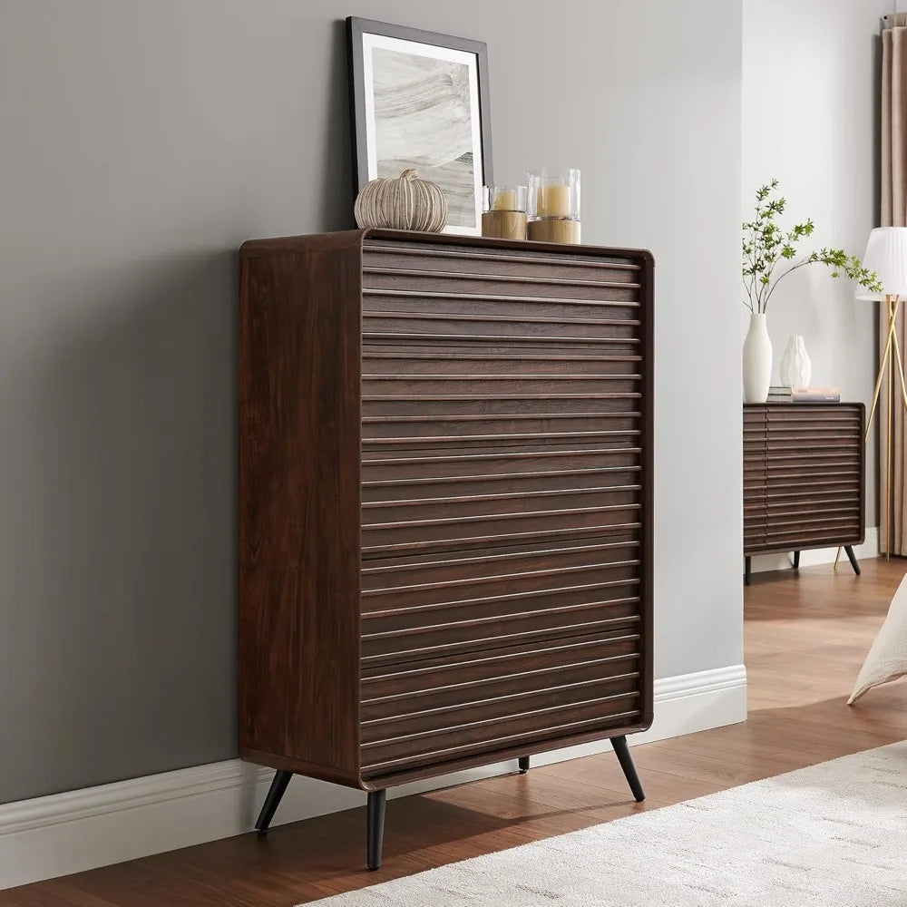 Ellington Collection | Fluted Atomic-Era Fluted Walnut Dresser - featuring close-up joinery and artisanal finish quality in a Mid-Century Modern bedroom setting.