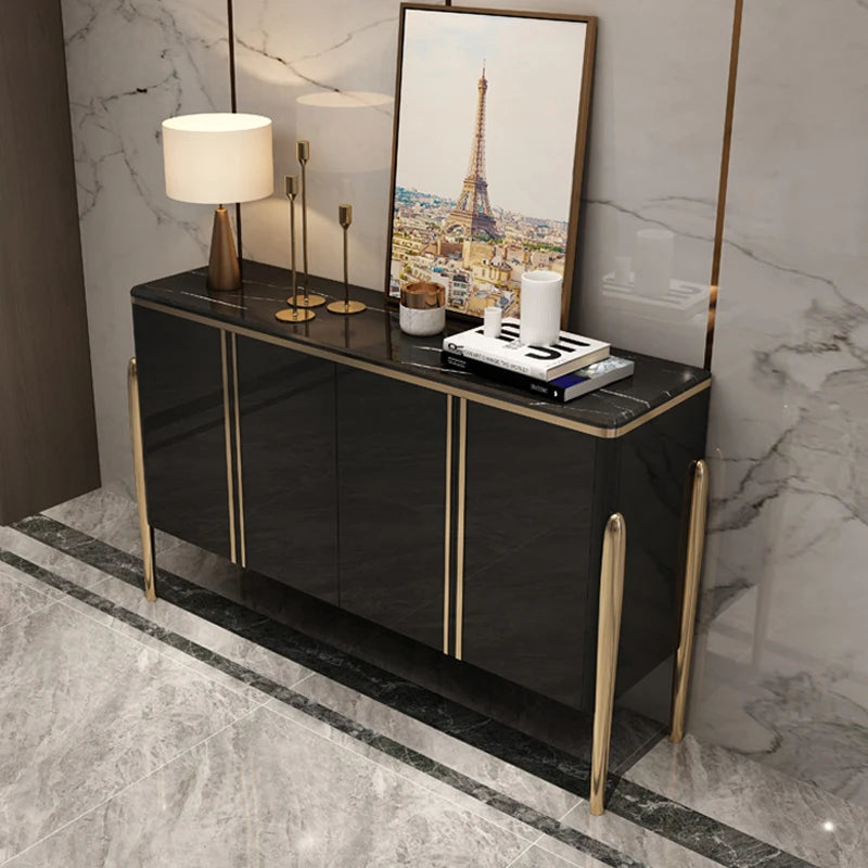 Fontaine Collection | Tapered-Leg Brass-Accented Walnut Organizer - styled from an alternate angle revealing dimensional depth in a Mid-Century Modern living room setting.