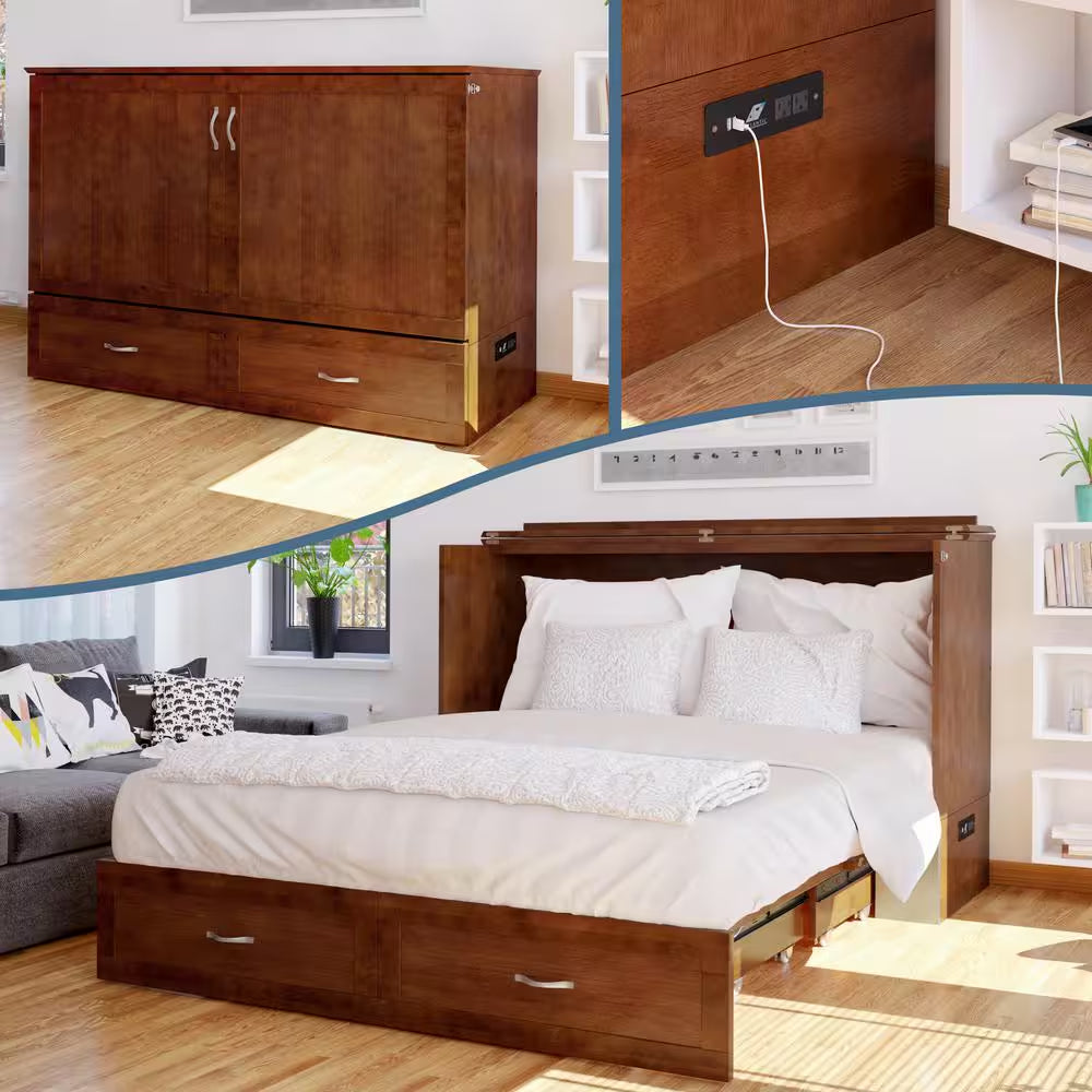 Hamilton Walnut Brown Wood Frame Queen Murphy Bed Chest with 6 In. Mattress, Storage and Built-In Charger